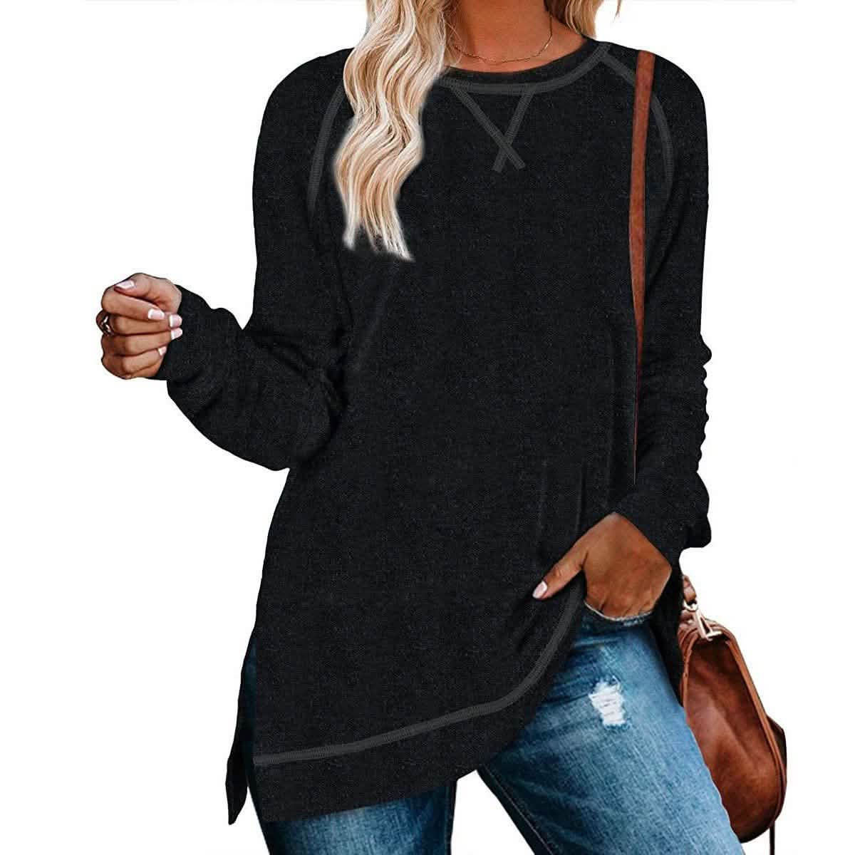 Women's Long Sleeve Loose Casual Autumn Pullover Side Slit Tunic Top Women's Clothing Black S - DailySale