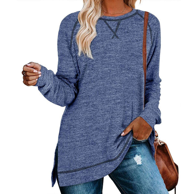 Women's Long Sleeve Loose Casual Autumn Pullover Side Slit Tunic Top Women's Clothing Blue S - DailySale