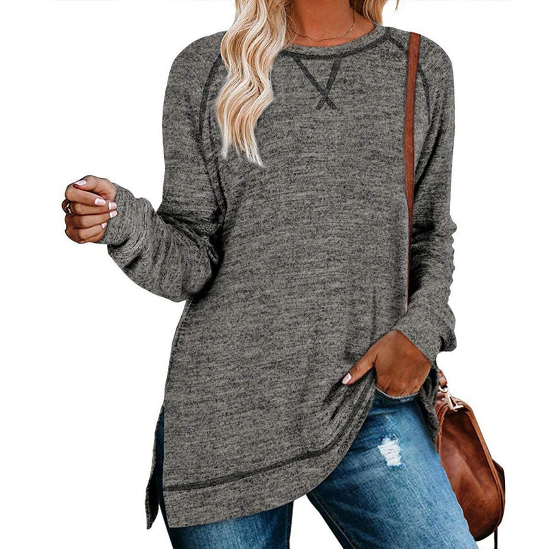 Women's Long Sleeve Loose Casual Autumn Pullover Side Slit Tunic Top Women's Clothing Dark Gray S - DailySale