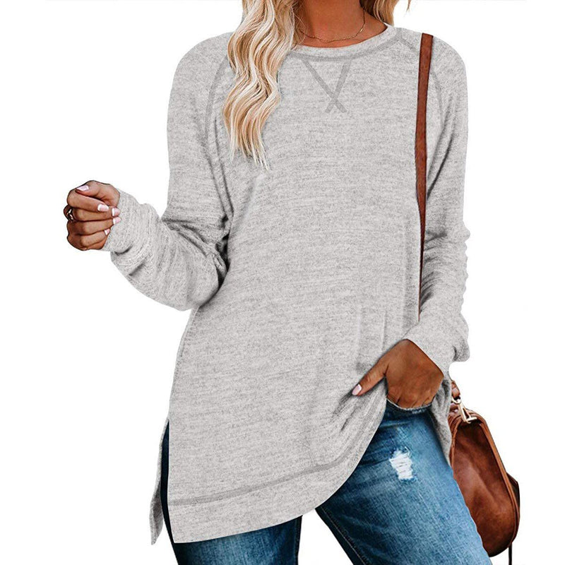Women's Long Sleeve Loose Casual Autumn Pullover Side Slit Tunic Top Women's Clothing Light Gray S - DailySale