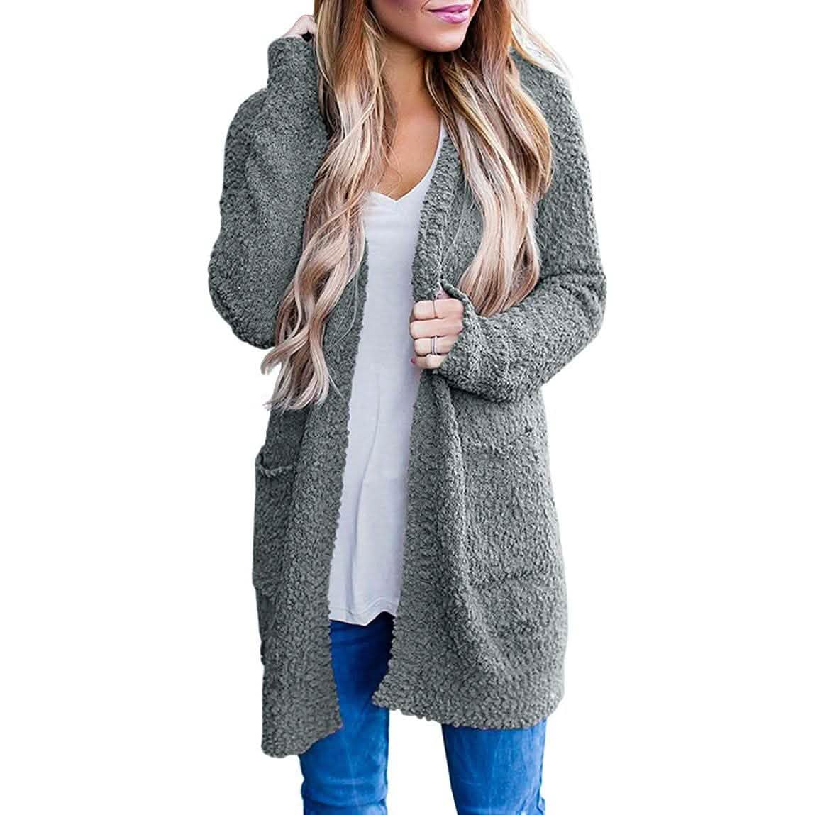 Women's Long Sleeve Soft Chunky Knit Sweater Coat Women's Outerwear Gray S - DailySale
