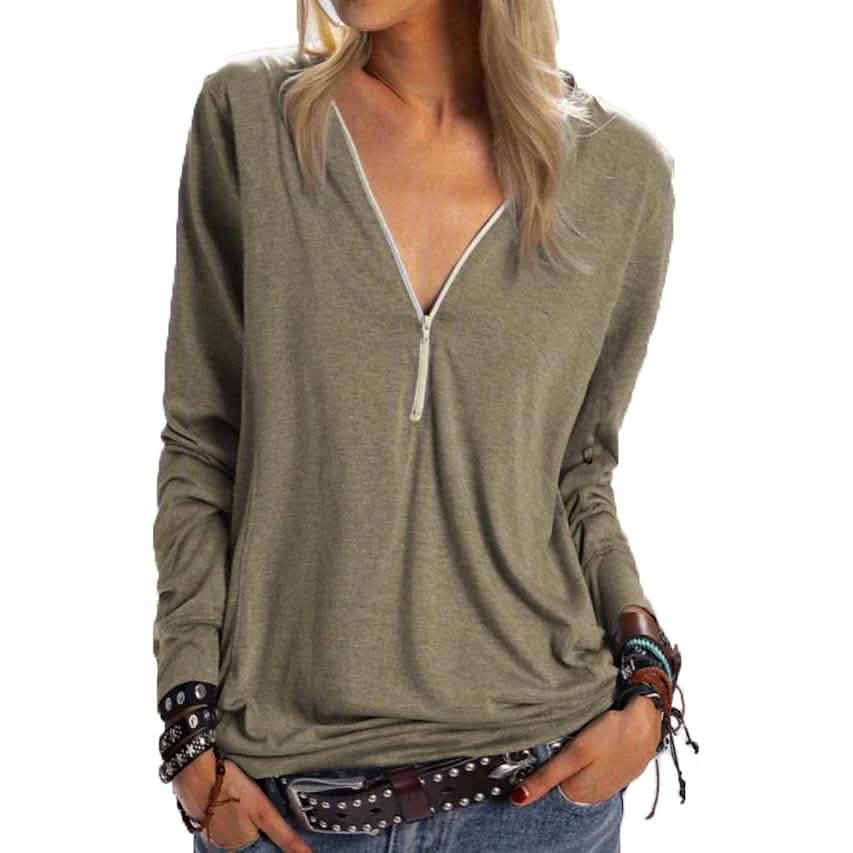 Women's Long Sleeve Zipper Quarter Zip V Neck Casual Top Women's Tops Army Green S - DailySale