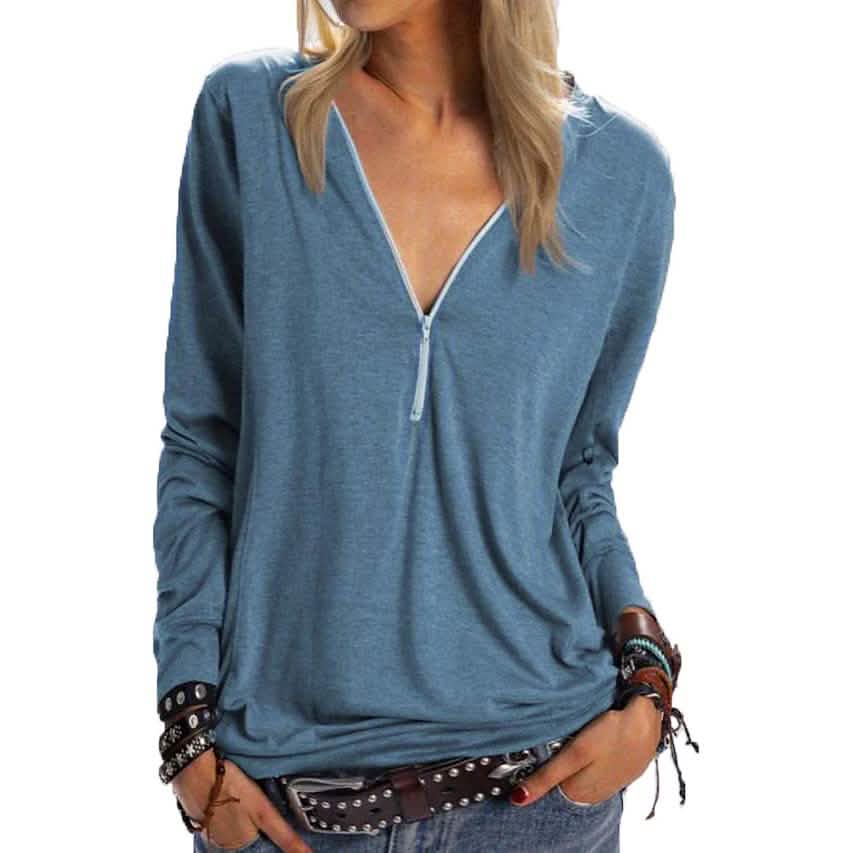 Women's Long Sleeve Zipper Quarter Zip V Neck Casual Top Women's Tops Blue S - DailySale