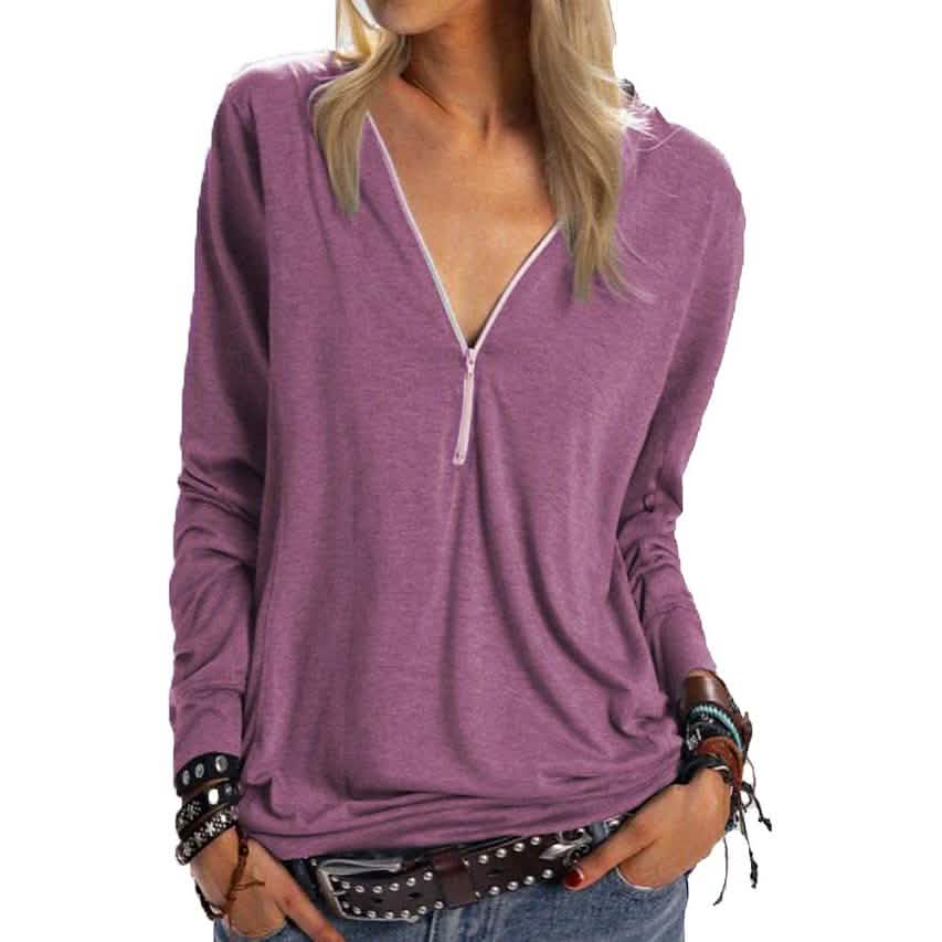 Women's Long Sleeve Zipper Quarter Zip V Neck Casual Top Women's Tops Wine S - DailySale