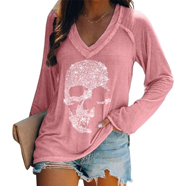 Women's Loose Skull Printed Long Sleeved V-neck Shirts Cotton Tops Women's Tops Pink S - DailySale