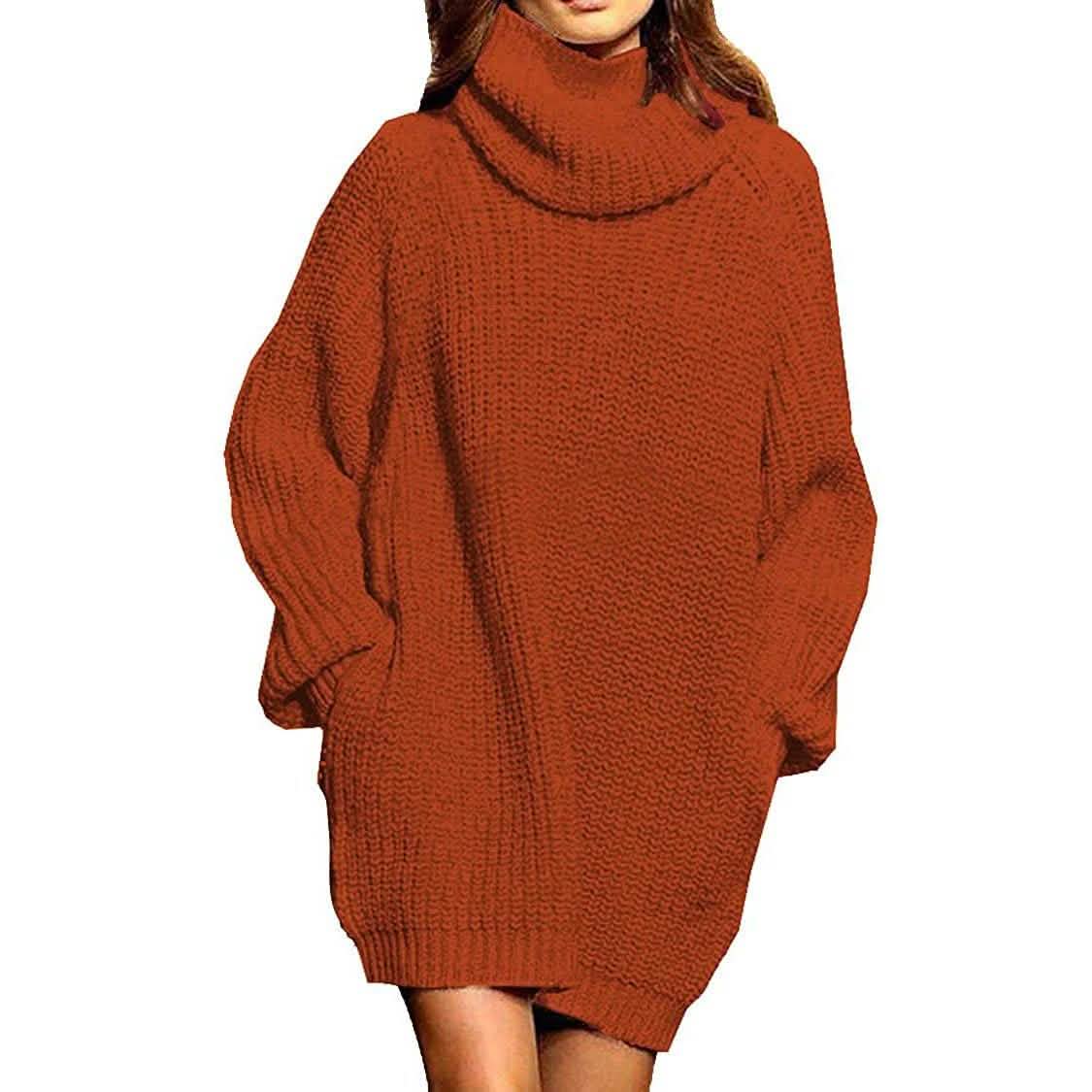 Women's Loose Turtleneck Oversize Long Pullover Sweater Dress Women's Tops Brown S - DailySale