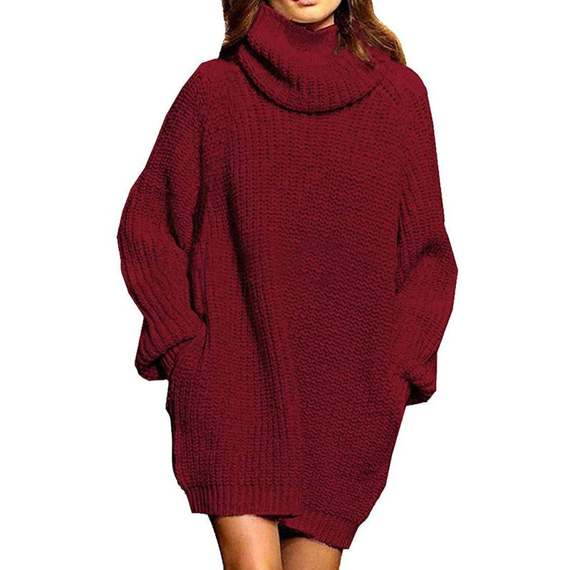 Women's Loose Turtleneck Oversize Long Pullover Sweater Dress Women's Tops Wine Red S - DailySale