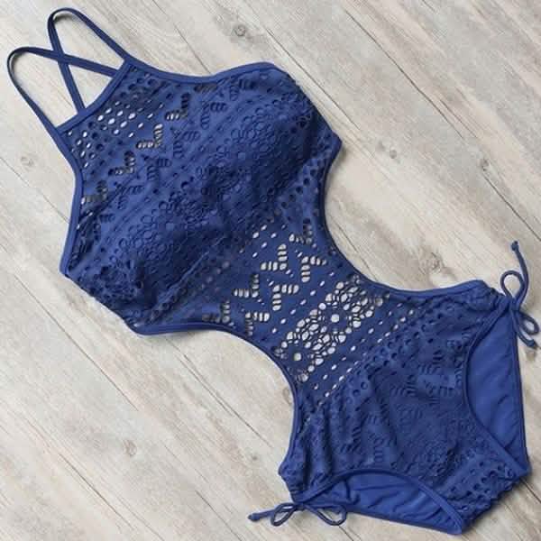 Women's One-Piece Bikini Solid Crochet Swimsuit Women's Clothing Dark Blue S - DailySale