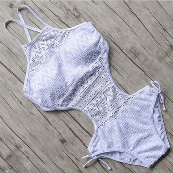Women's One-Piece Bikini Solid Crochet Swimsuit Women's Clothing White S - DailySale