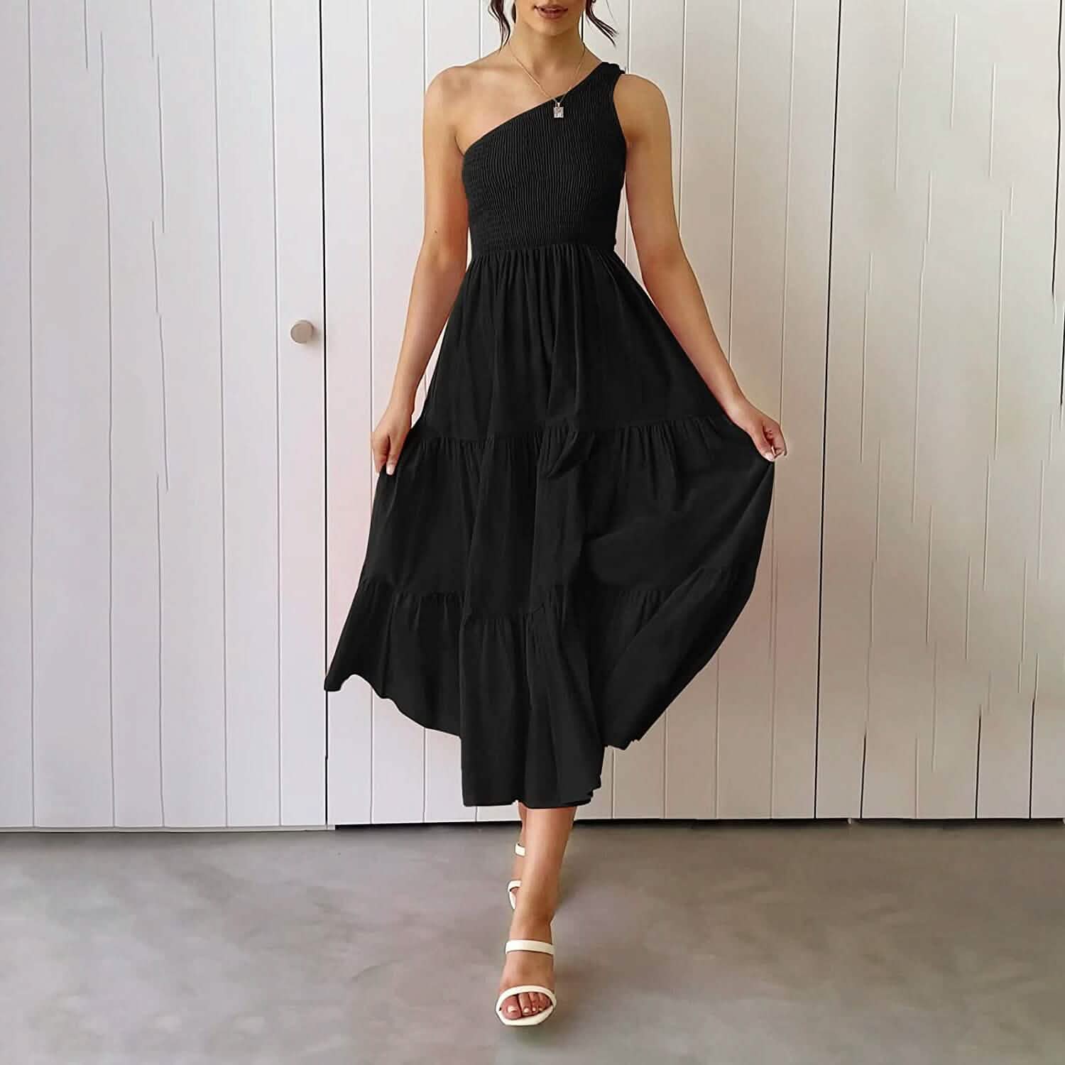 ladies one shoulder dress ladies one shoulder dress Womens One Shoulder Sleeveless Smocked Ruffle Tiered Beach Long Midi Dress Black /