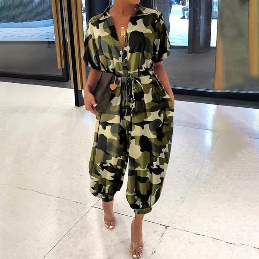 Women's Ordinary Deep V Jumpsuit Women's Dresses Army Green S - DailySale