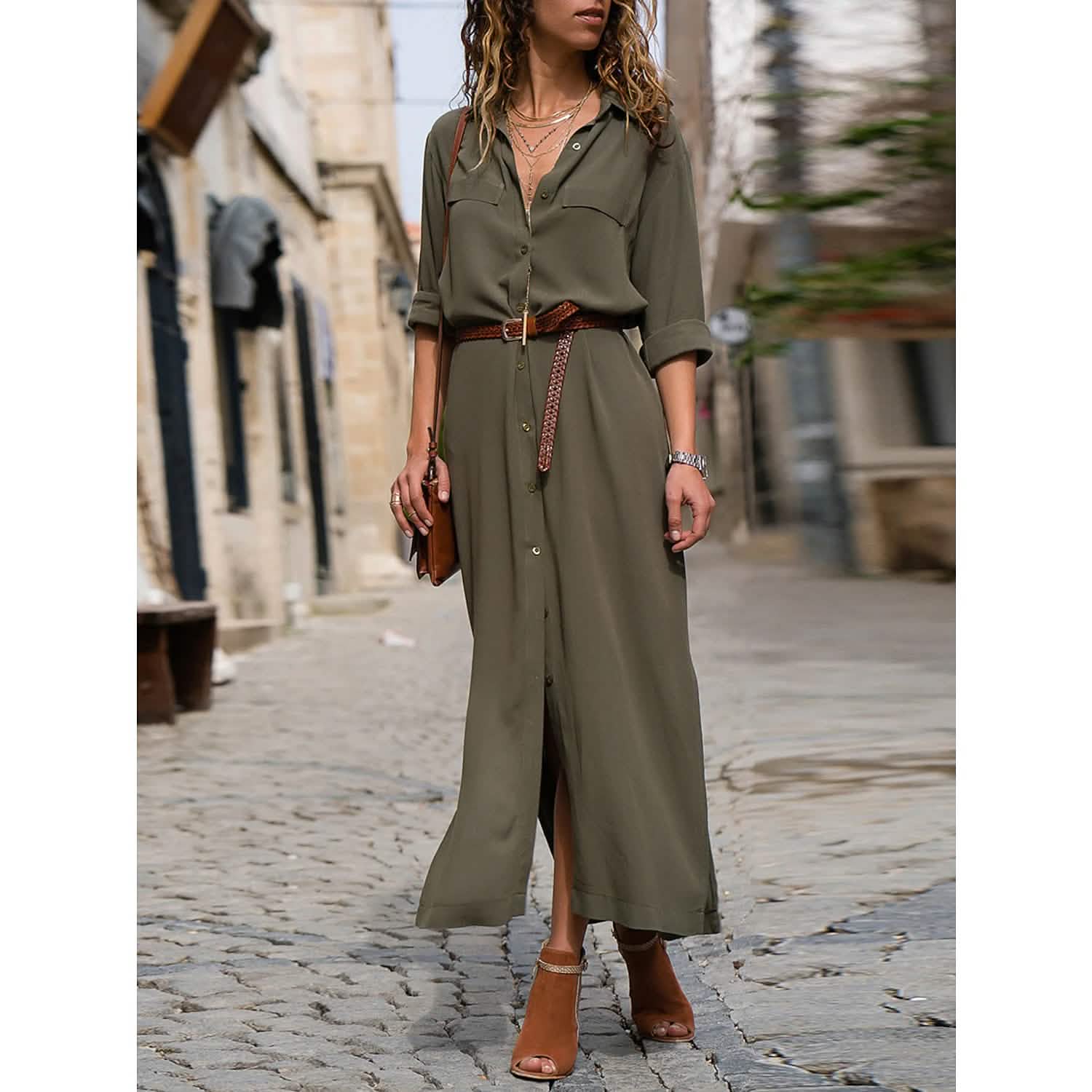 Women's Oversized Loose Shirt Dress Women's Dresses Army Green S - DailySale