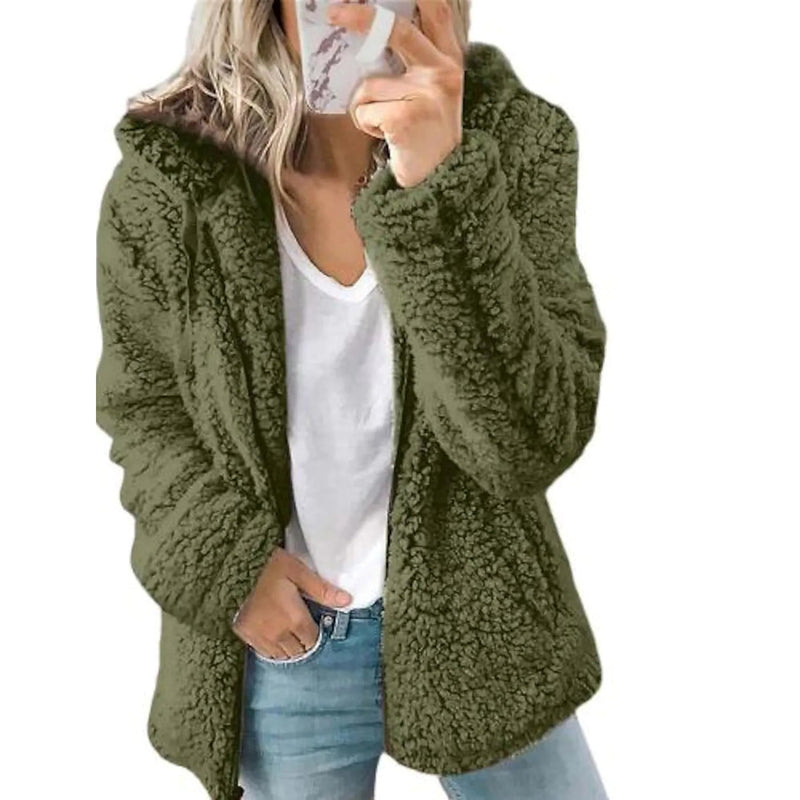Women holding a smartphone wearing a army green Plus Size Hoodie Coat Long Sleeve, available at Dailysale