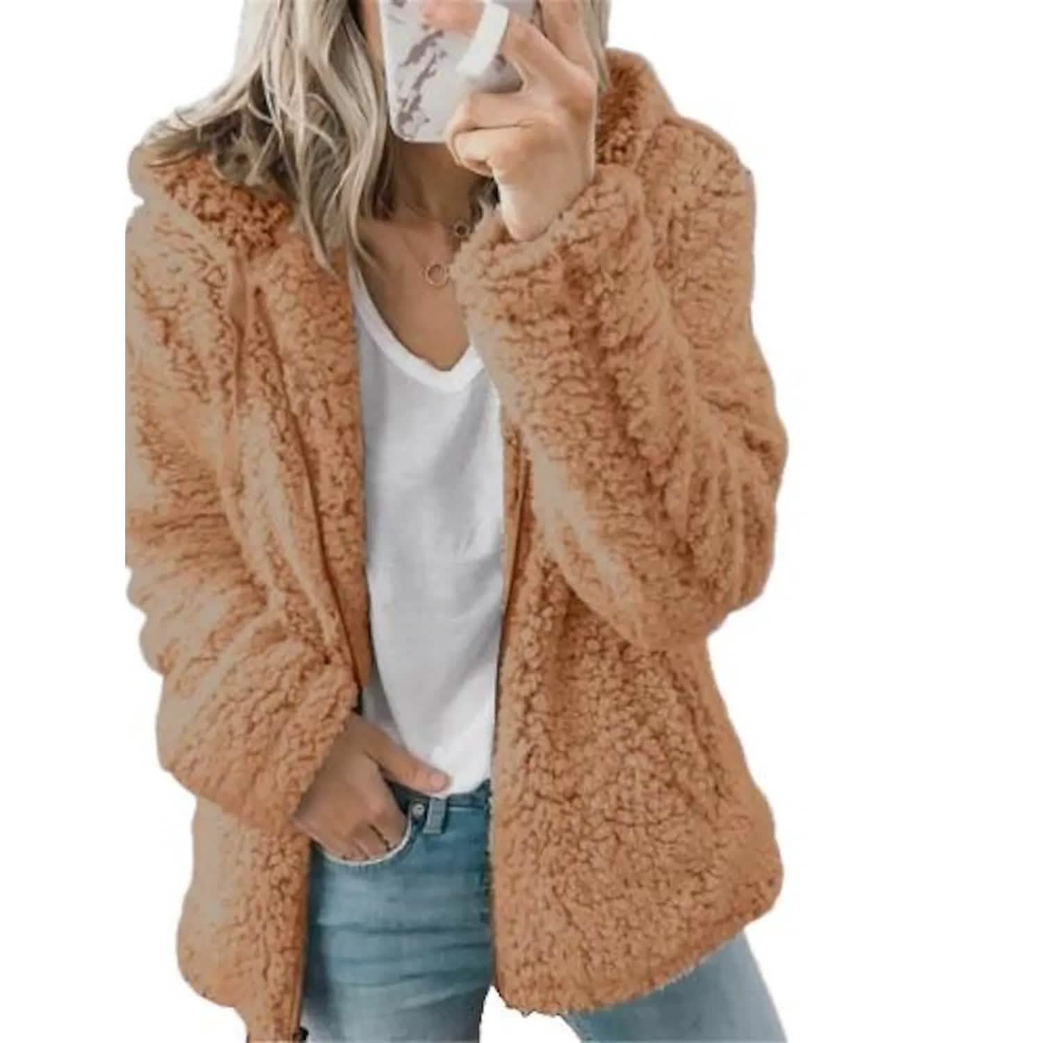 Women holding a smartphone wearing a brown Plus Size Hoodie Coat Long Sleeve, available at Dailysale