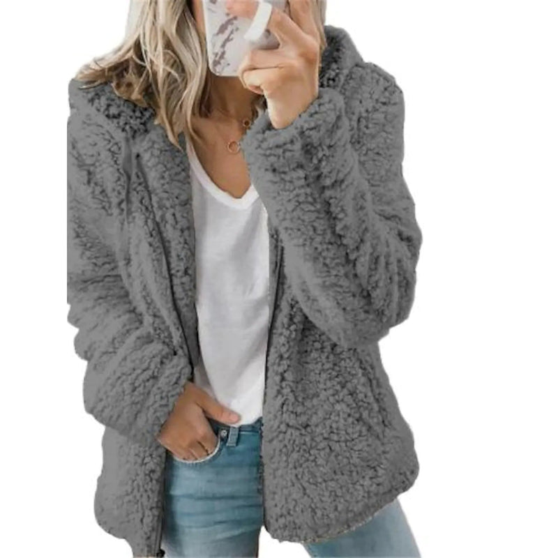Women holding a smartphone wearing a dark gray Plus Size Hoodie Coat Long Sleeve, available at Dailysale
