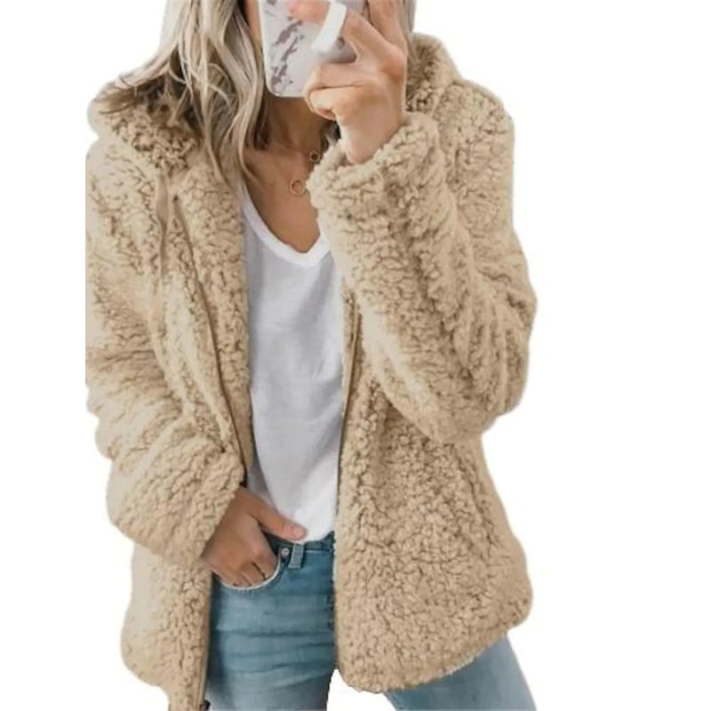 Women holding a smartphone wearing a khaki Plus Size Hoodie Coat Long Sleeve, available at Dailysale