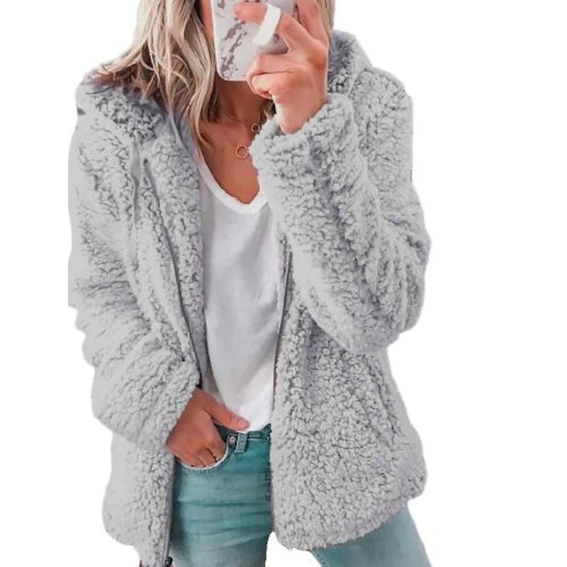 Women holding a smartphone wearing a light gray Plus Size Hoodie Coat Long Sleeve, available at Dailysale