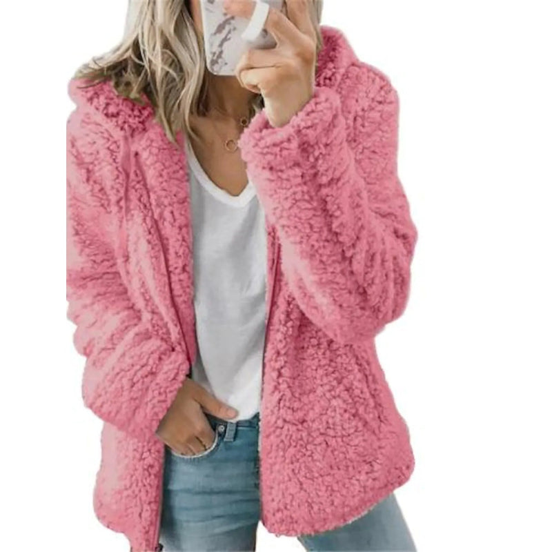 Women holding a smartphone wearing a pink Plus Size Hoodie Coat Long Sleeve, available at Dailysale