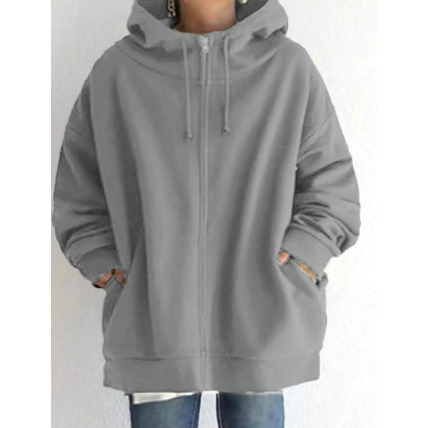 Women's Plus Size Jacket Zipper Pocket Solid Formal Long Sleeve Women's Outerwear Gray S - DailySale