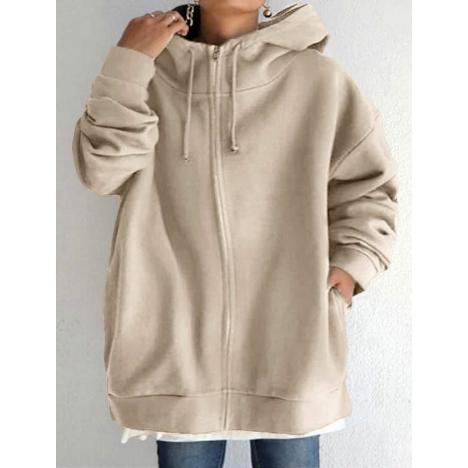 Women's Plus Size Jacket Zipper Pocket Solid Formal Long Sleeve Women's Outerwear Khaki S - DailySale