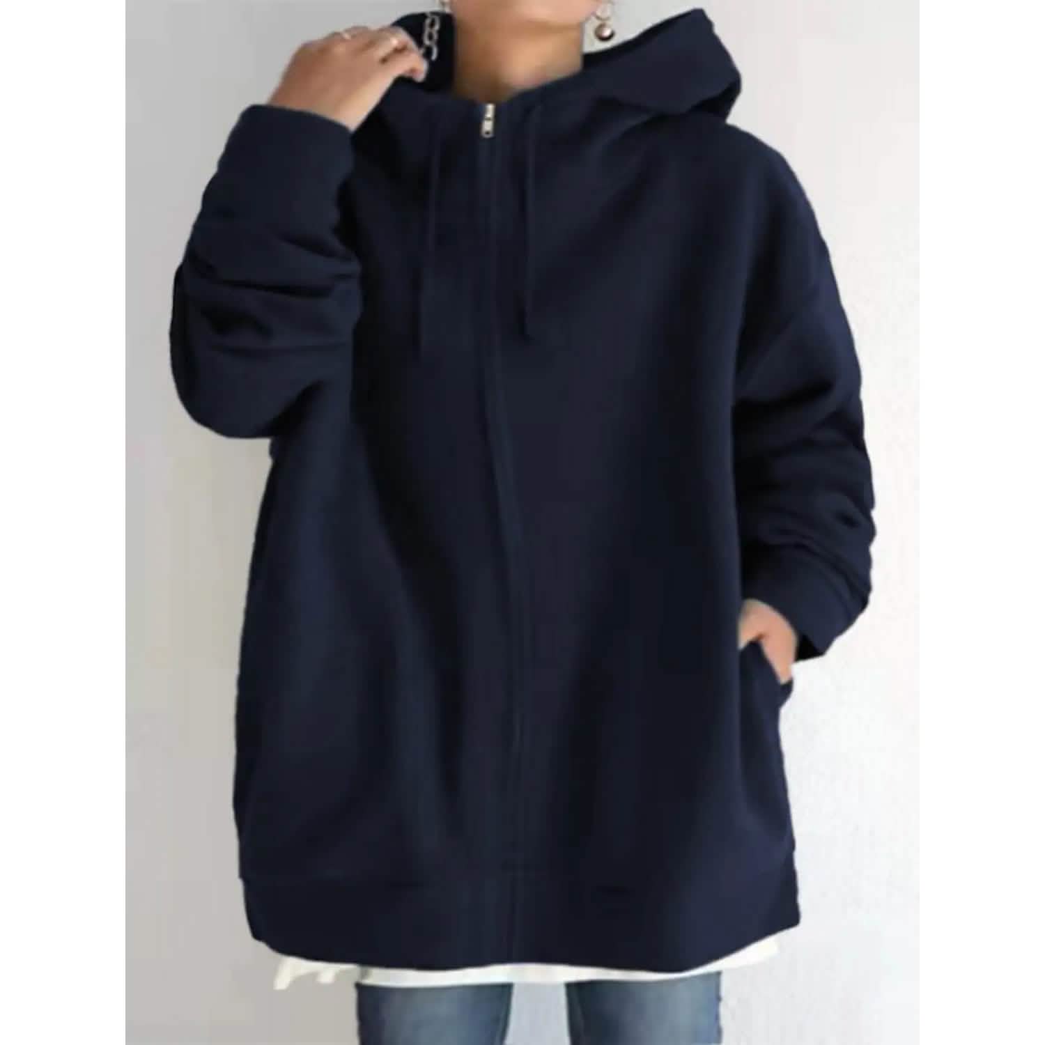 Women's Plus Size Jacket Zipper Pocket Solid Formal Long Sleeve Women's Outerwear Navy Blue S - DailySale