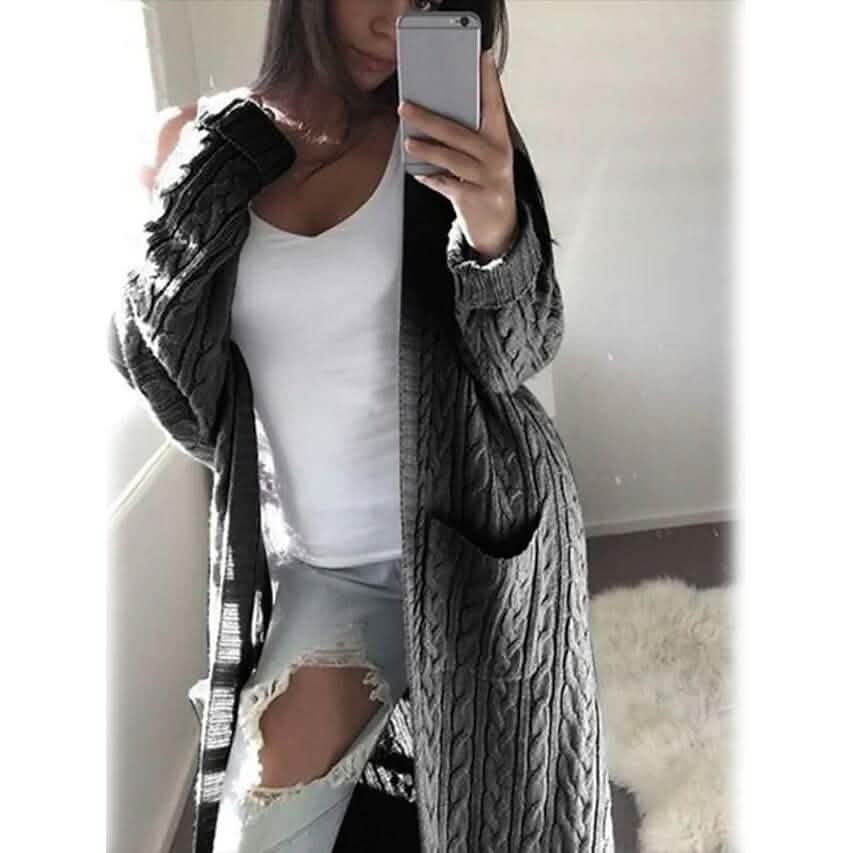Women's Pocket Knitted Cardigan Sweater Women's Outerwear Dark Gray S - DailySale