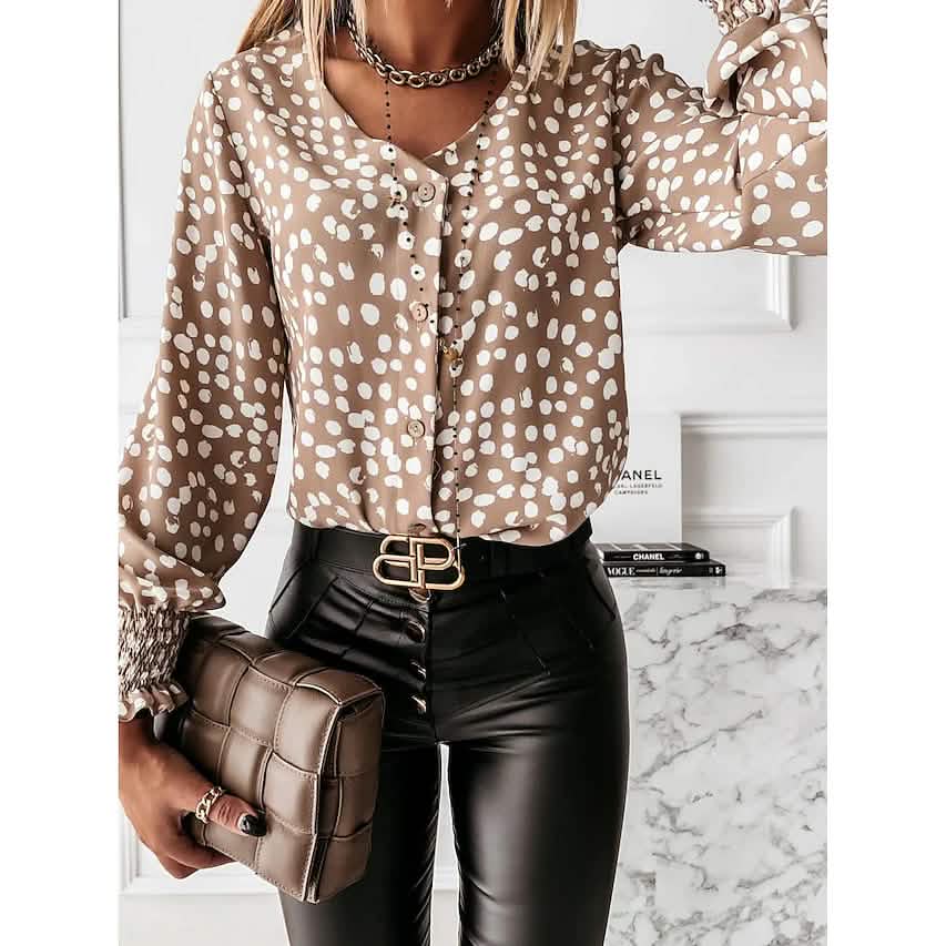 Women's Polka Dot Long Sleeve Casual Shirt Women's Tops Khaki S - DailySale