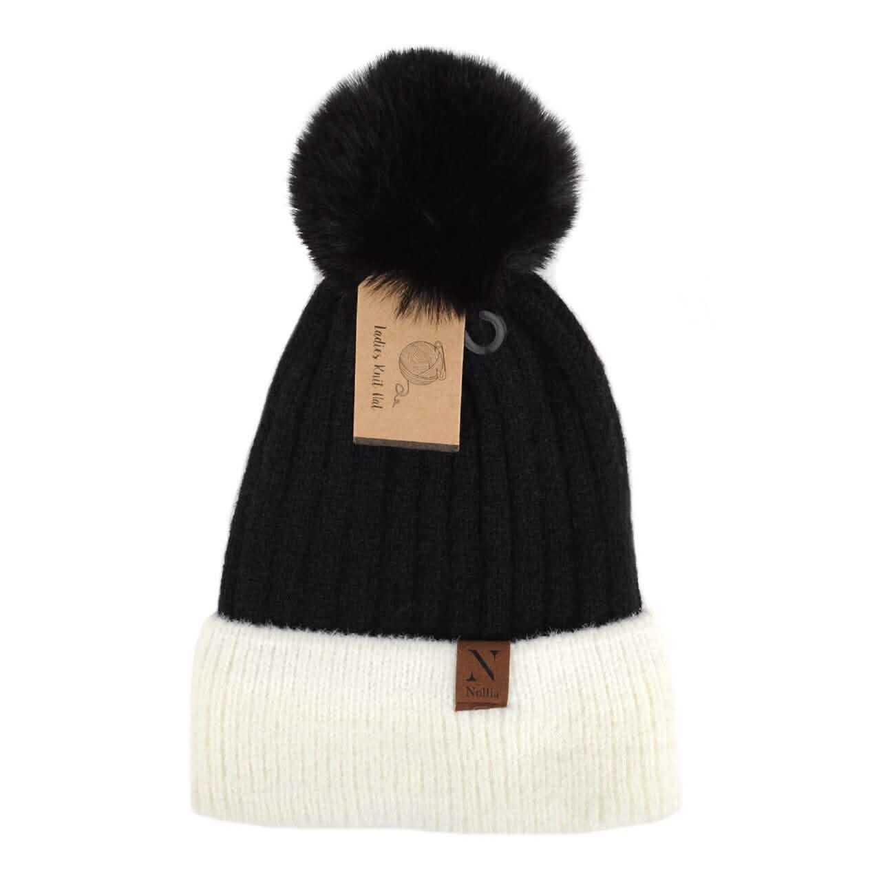 Women's Pom Pom Two-Tone Knit Winter Hat Women's Accessories Black - DailySale