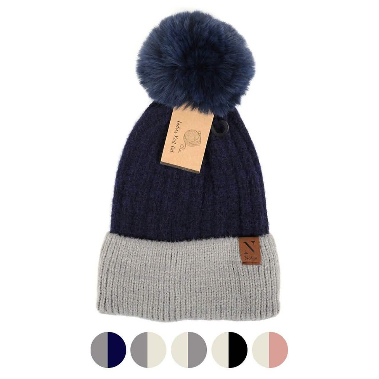 Women's Pom Pom Two-Tone Knit Winter Hat Women's Accessories - DailySale