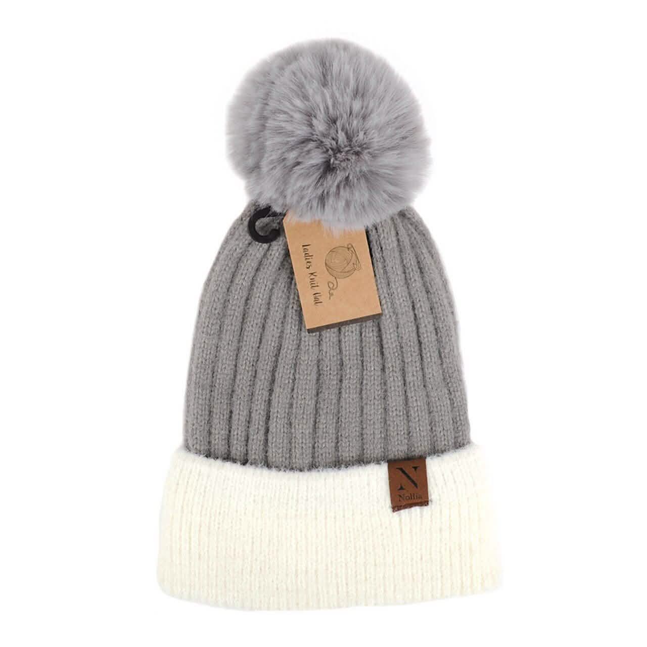 Women's Pom Pom Two-Tone Knit Winter Hat Women's Accessories Gray - DailySale