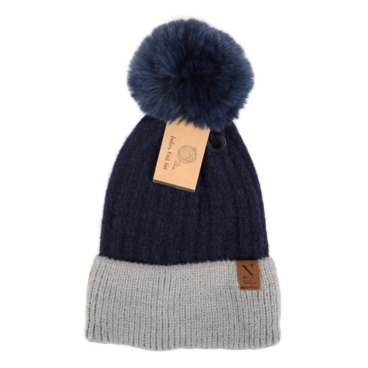 Women's Pom Pom Two-Tone Knit Winter Hat Women's Accessories Navy - DailySale