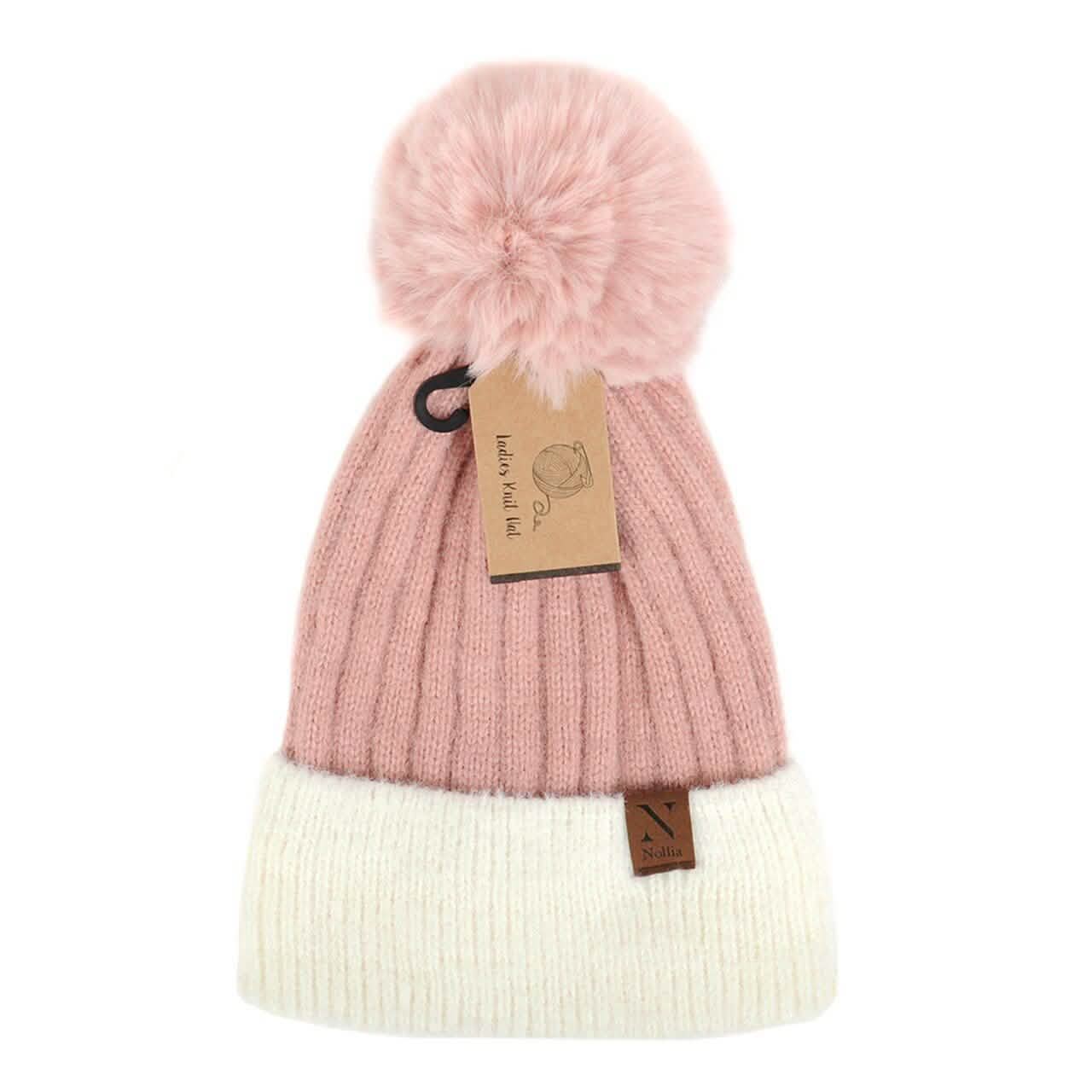 Women's Pom Pom Two-Tone Knit Winter Hat Women's Accessories Pink - DailySale