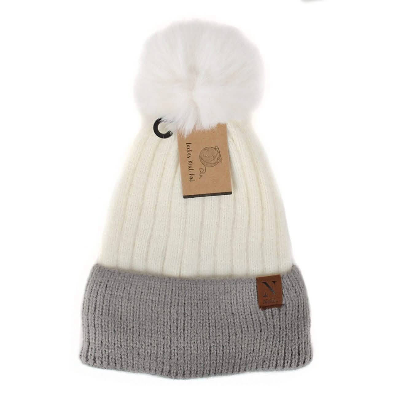 Women's Pom Pom Two-Tone Knit Winter Hat Women's Accessories White - DailySale