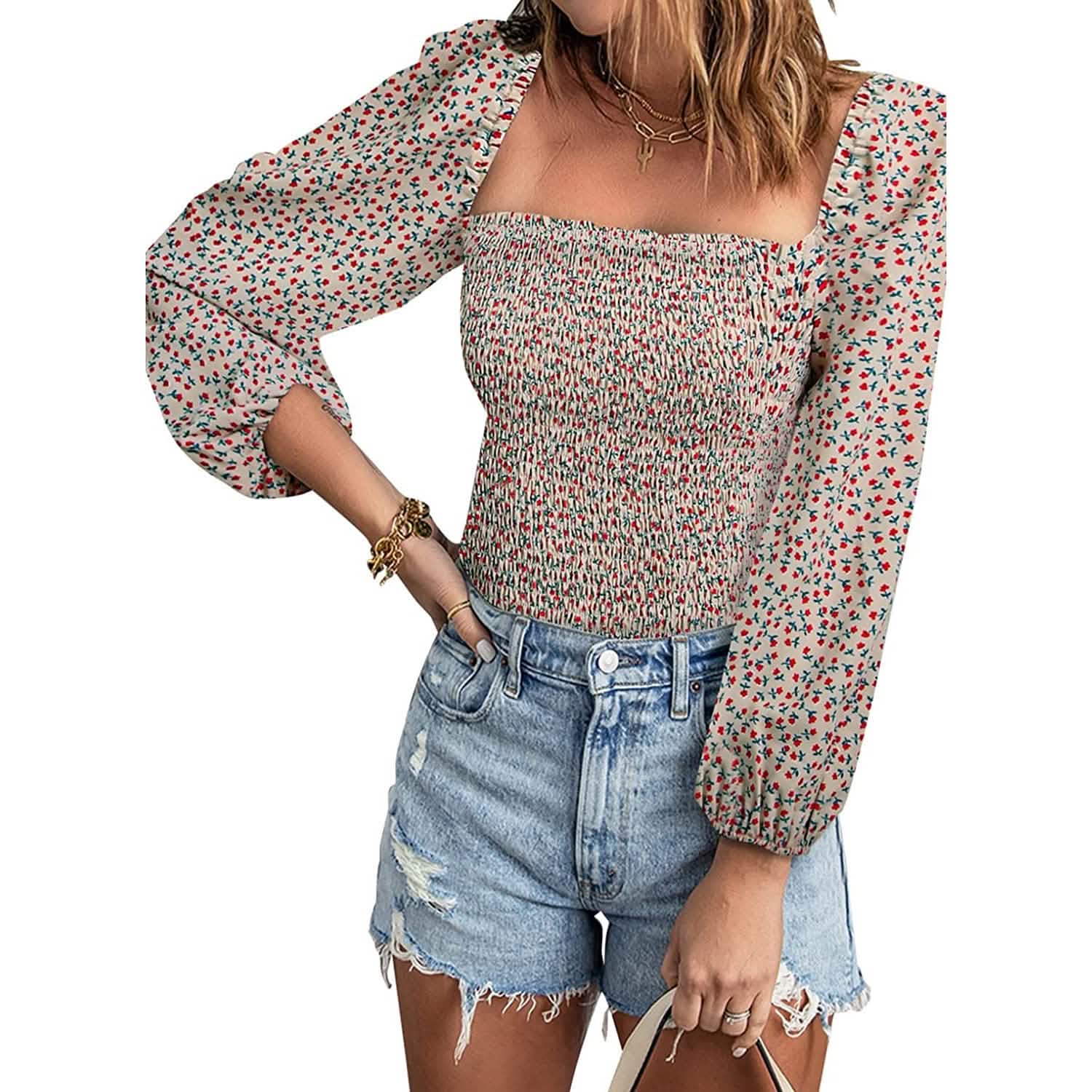 Women's Puff Long Sleeve Square Neck Tops Women's Tops Apricot S - DailySale