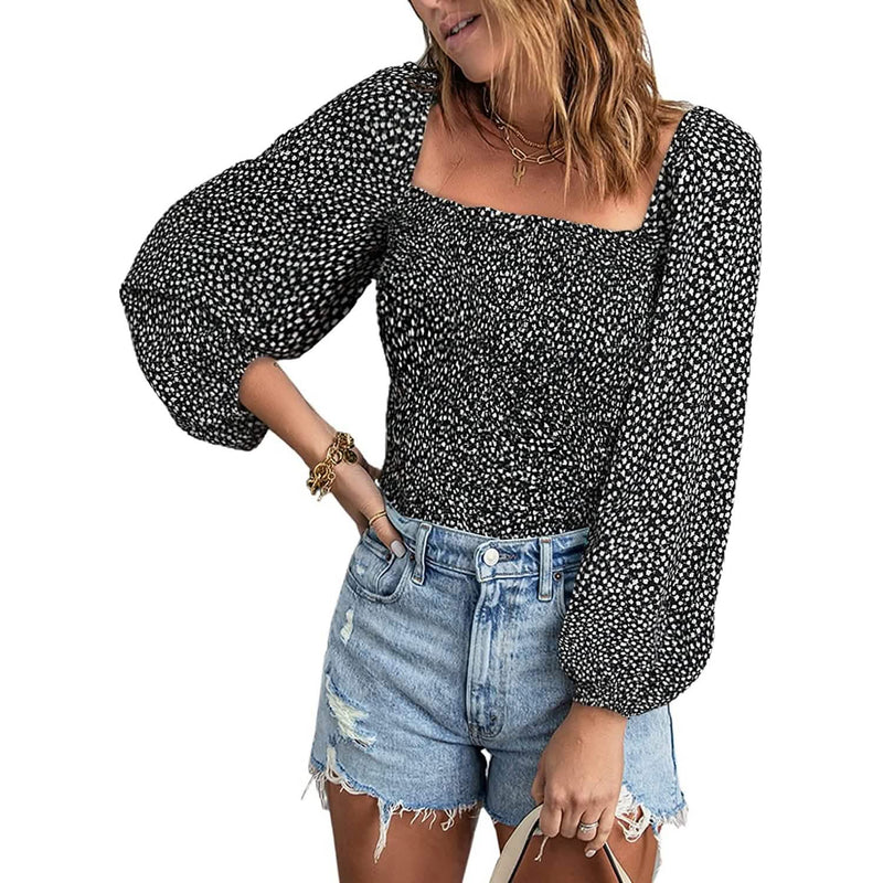 Women's Puff Long Sleeve Square Neck Tops Women's Tops Black S - DailySale