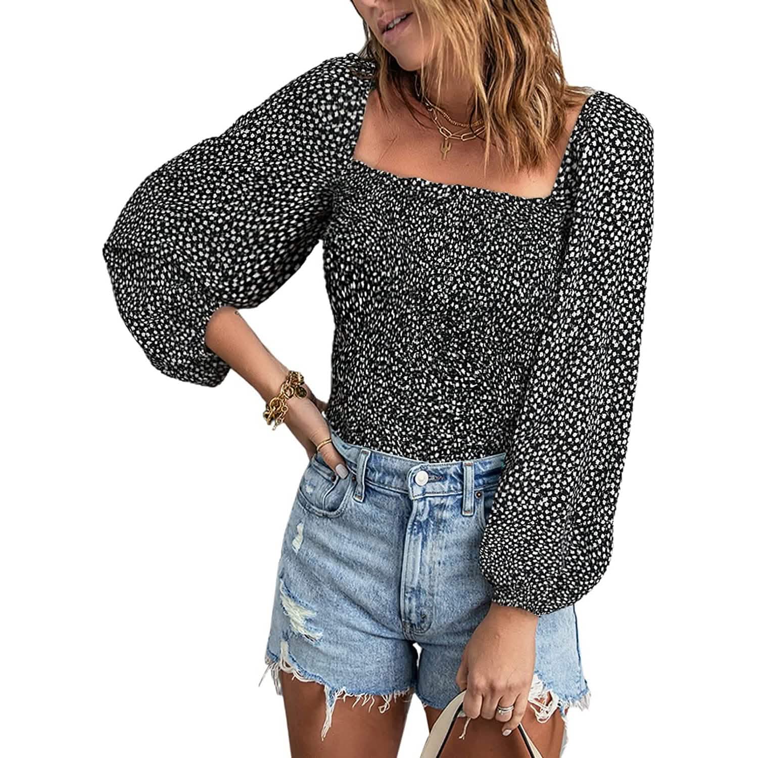 Women's Puff Long Sleeve Square Neck Tops Women's Tops Black S - DailySale