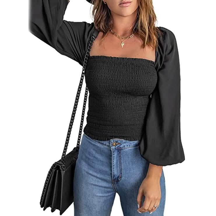 Women's Puff Long Sleeve Square Neck Tops Women's Tops Black S - DailySale