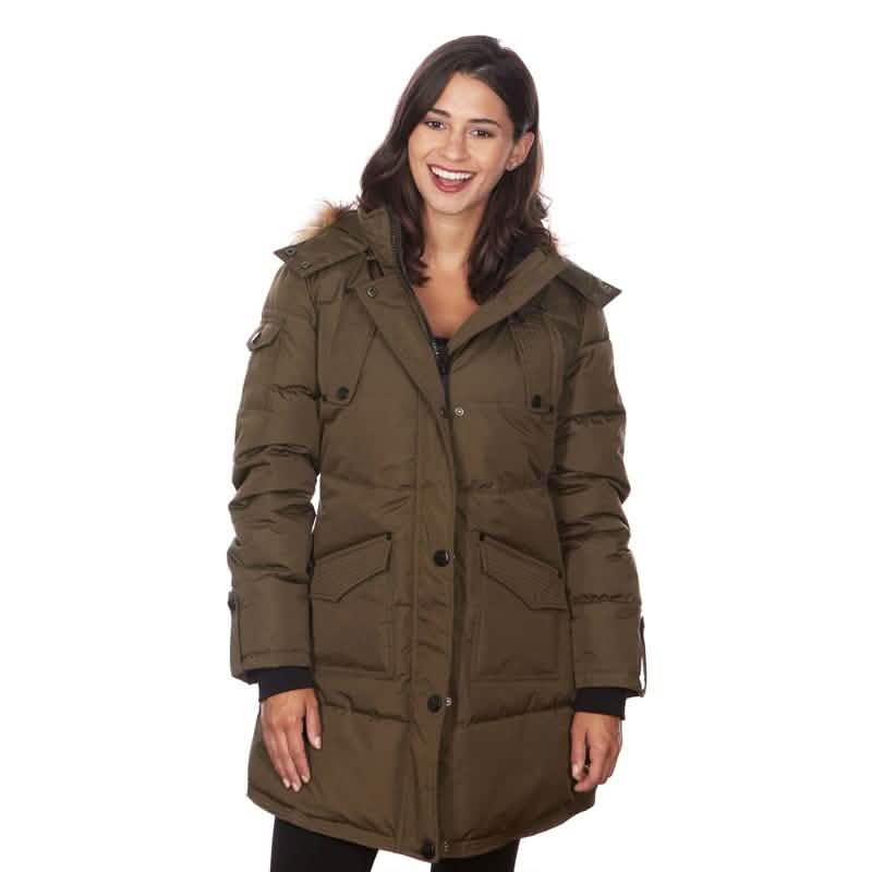 Women's Puffy Coat with Large Pockets and Faux Fur Hood Women's Apparel S Olive - DailySale