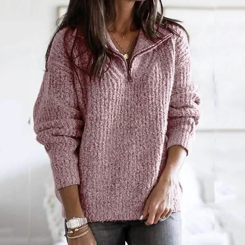 Women's Pullover Sweater Zipper Solid Color Basic Casual Long Sleeve Sweater Cardigans Women's Outerwear Pink S - DailySale
