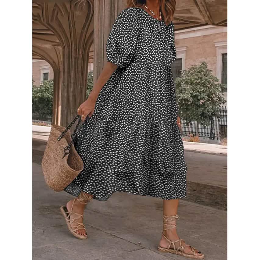 Women's Ruffled Patchwork Print Midi Dress Women's Dresses Black S - DailySale