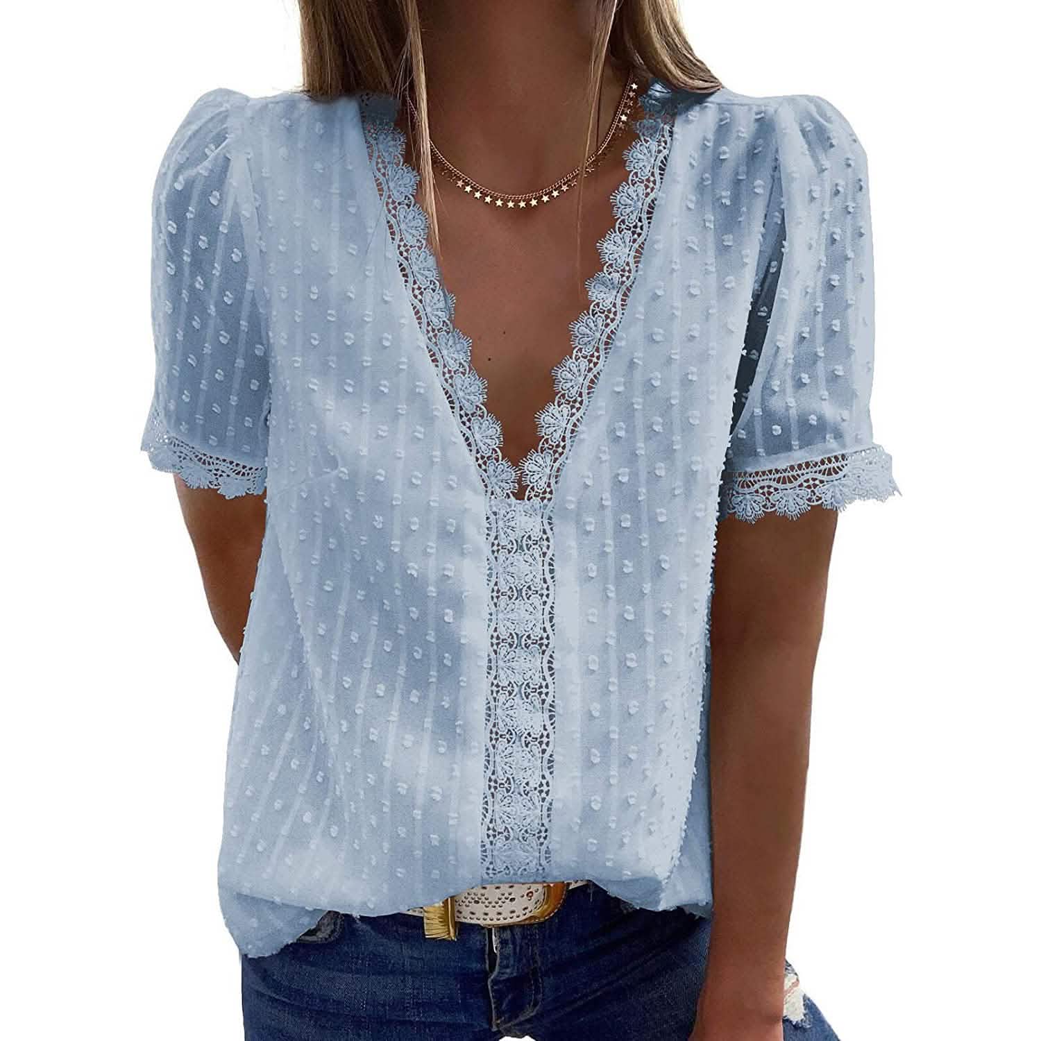 Women's Sexy Lace V-Neck Top Women's Tops Sky Blue S - DailySale