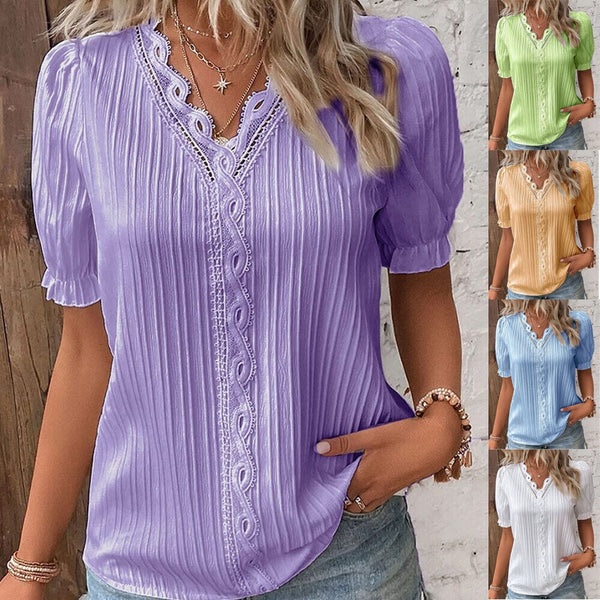 Women's Shirt Blouse Plain Lace Short Sleeve Casual Basic V Neck Women's Tops - DailySale
