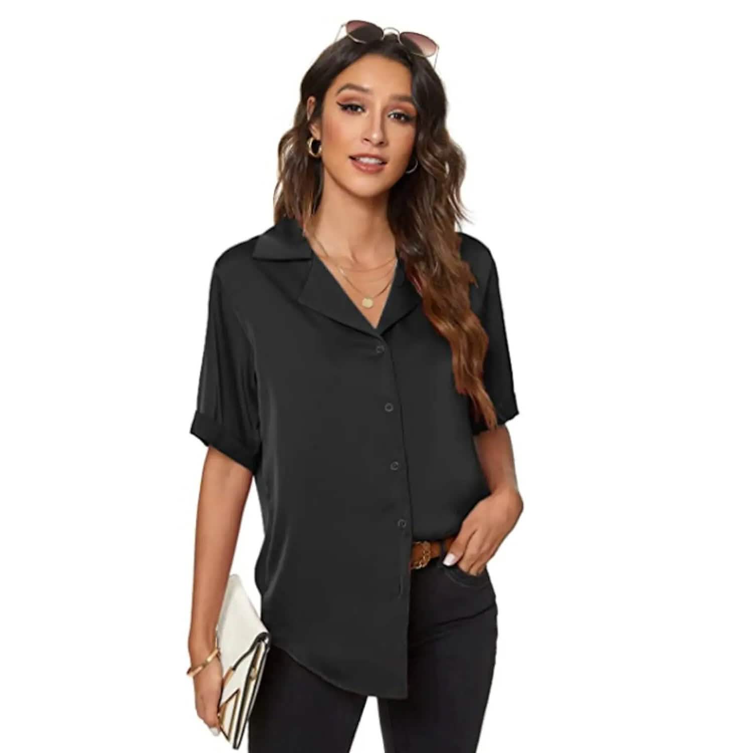Women's Short Sleeve Casual Satin Button Down Shirt Women's Tops Black S - DailySale