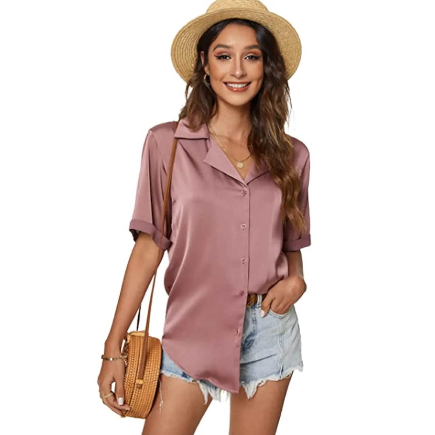 Women's Short Sleeve Casual Satin Button Down Shirt Women's Tops Light Pink S - DailySale