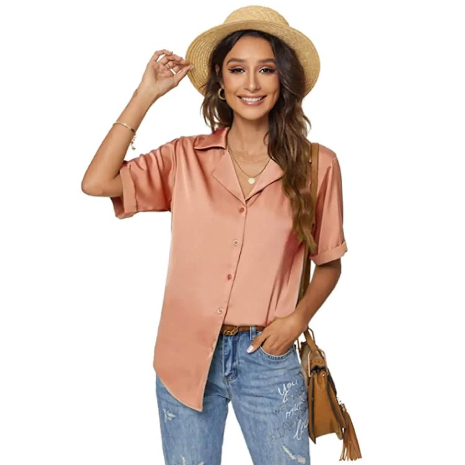 Women's Short Sleeve Casual Satin Button Down Shirt Women's Tops Pink S - DailySale