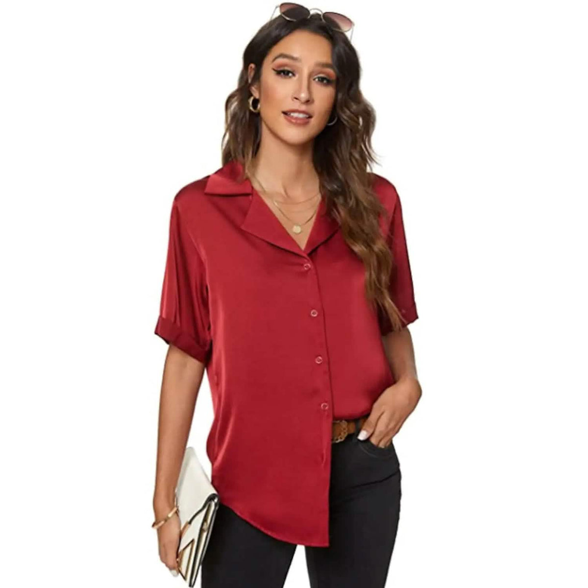 Women's Short Sleeve Casual Satin Button Down Shirt Women's Tops Wine Red S - DailySale