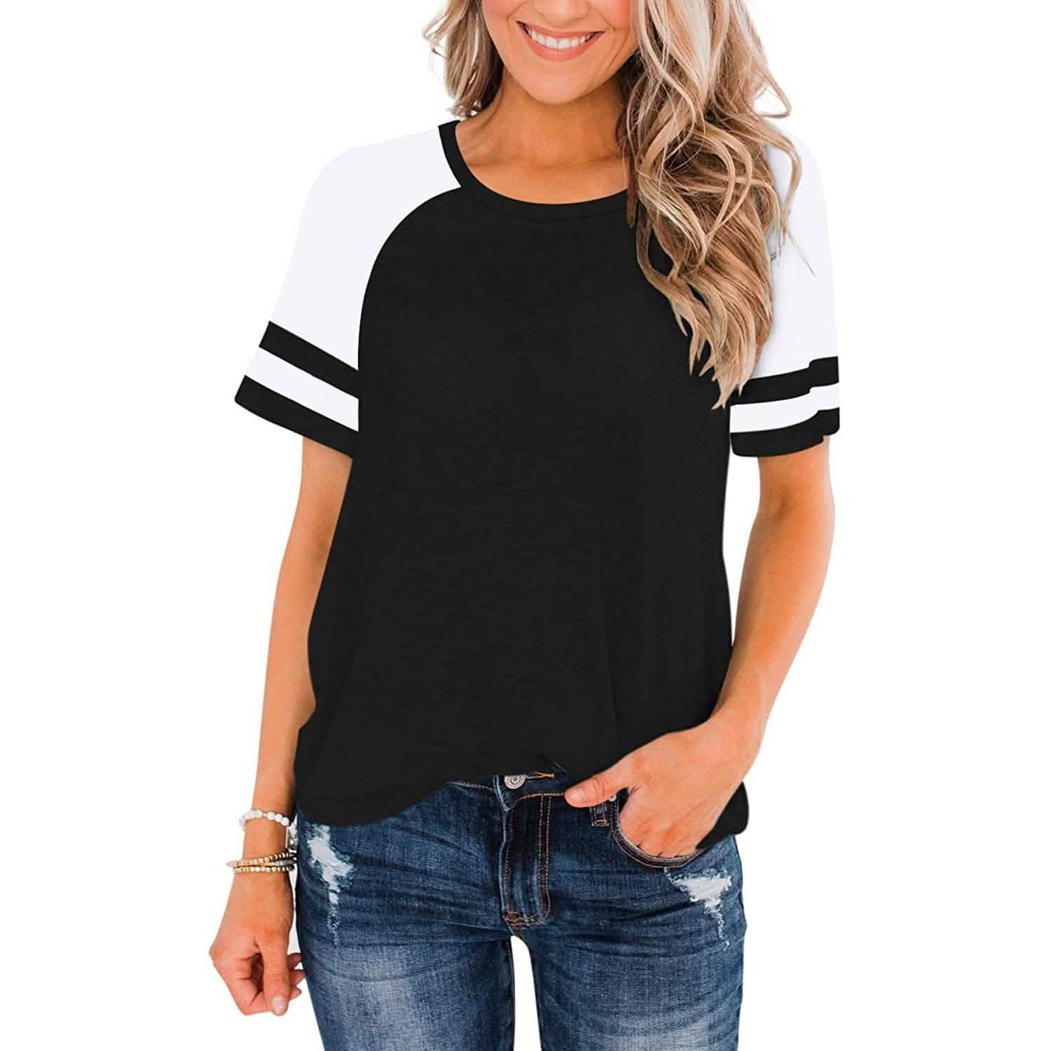 Womens Short Sleeve Shirts Crew Neck Color Block Women's Clothing Black S - DailySale