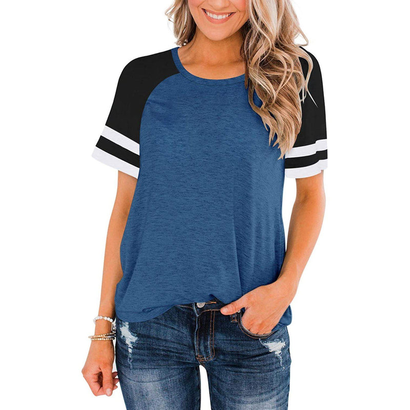 Womens Short Sleeve Shirts Crew Neck Color Block Women's Clothing Blue S - DailySale