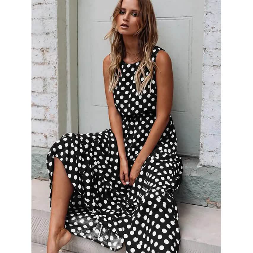 Women's Sleeveless Polka Dot Long Dress Women's Dresses Black S - DailySale