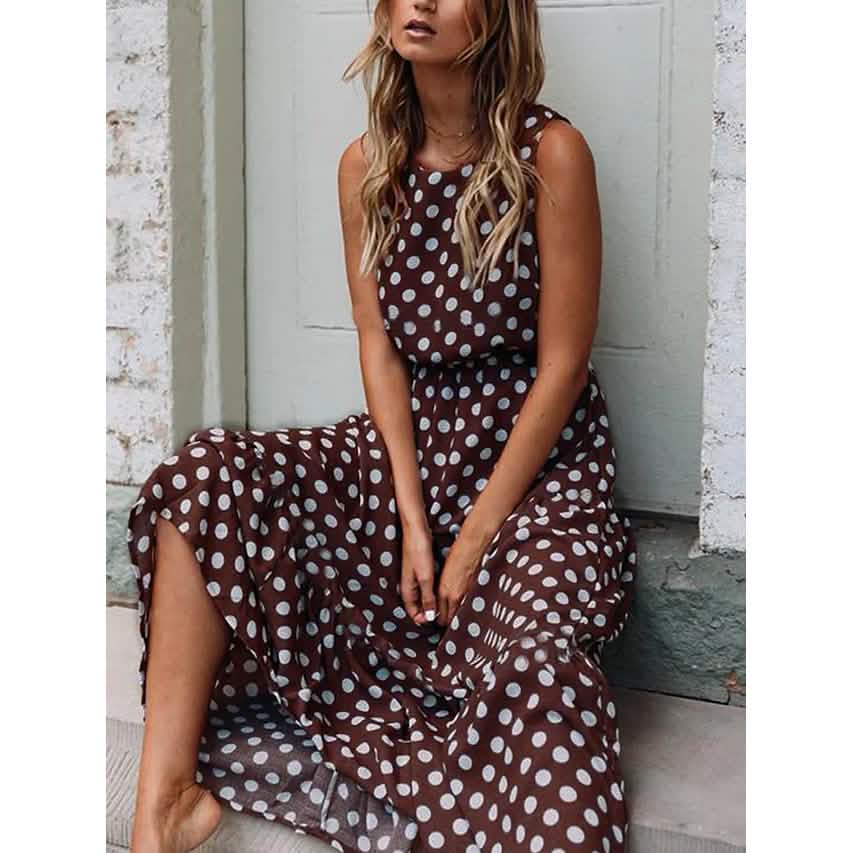 Women's Sleeveless Polka Dot Long Dress Women's Dresses Khaki S - DailySale